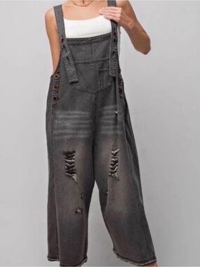 Distressed Wide-Leg Denim Overalls - Gray